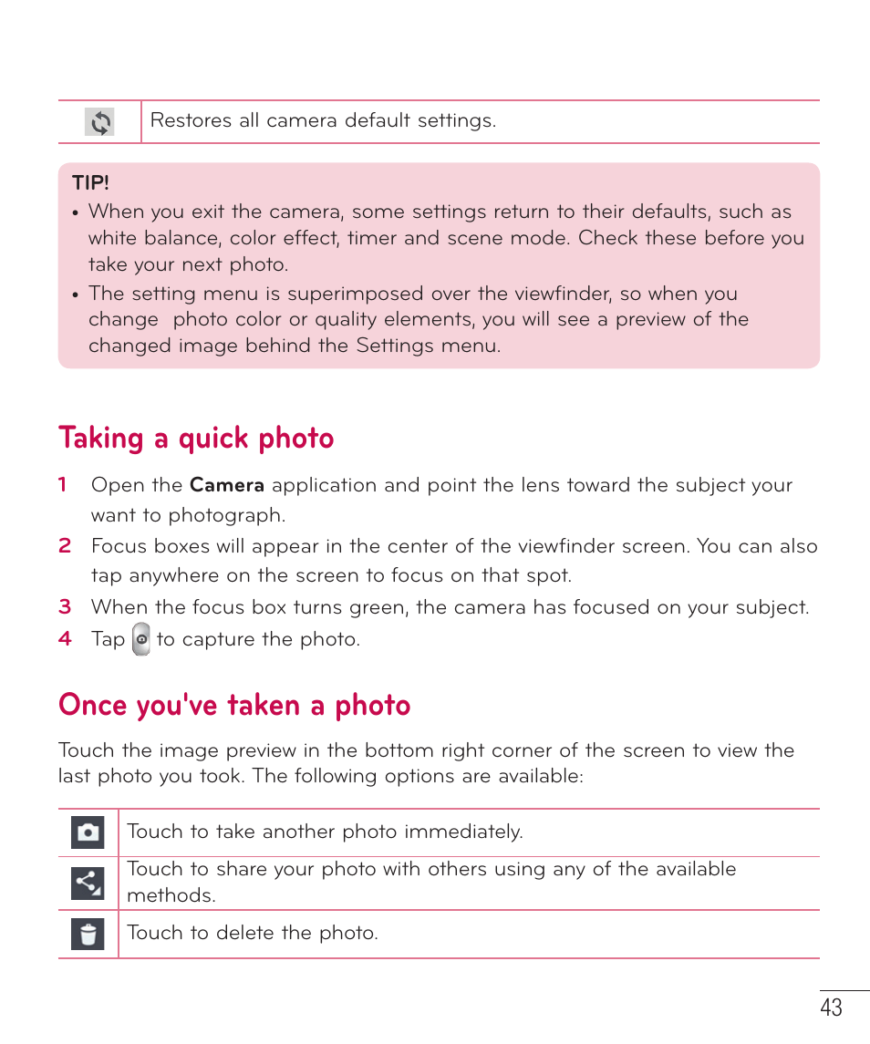 Taking a quick photo, Once you've taken a photo | LG LGAS323 User Manual | Page 44 / 110