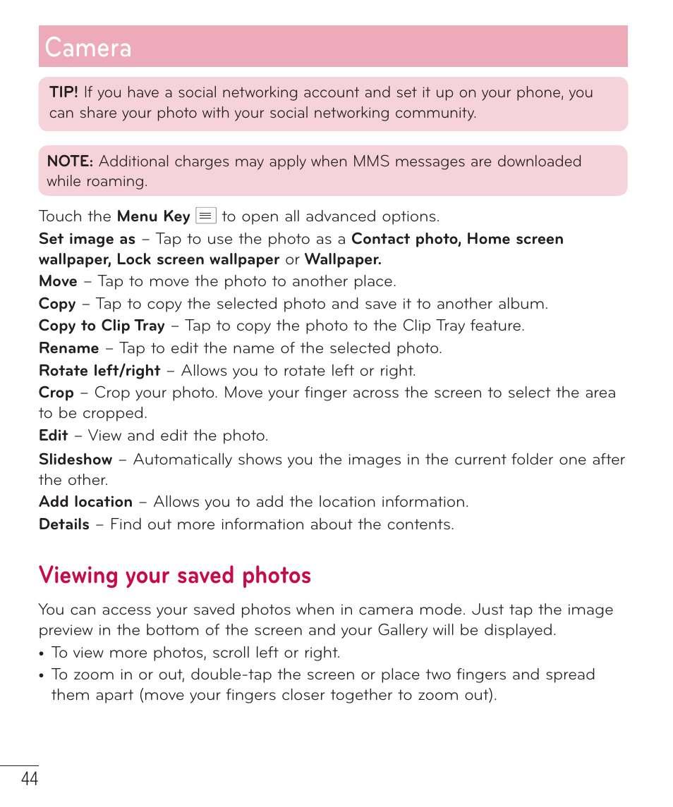 Camera, Viewing your saved photos | LG LGAS323 User Manual | Page 45 / 110