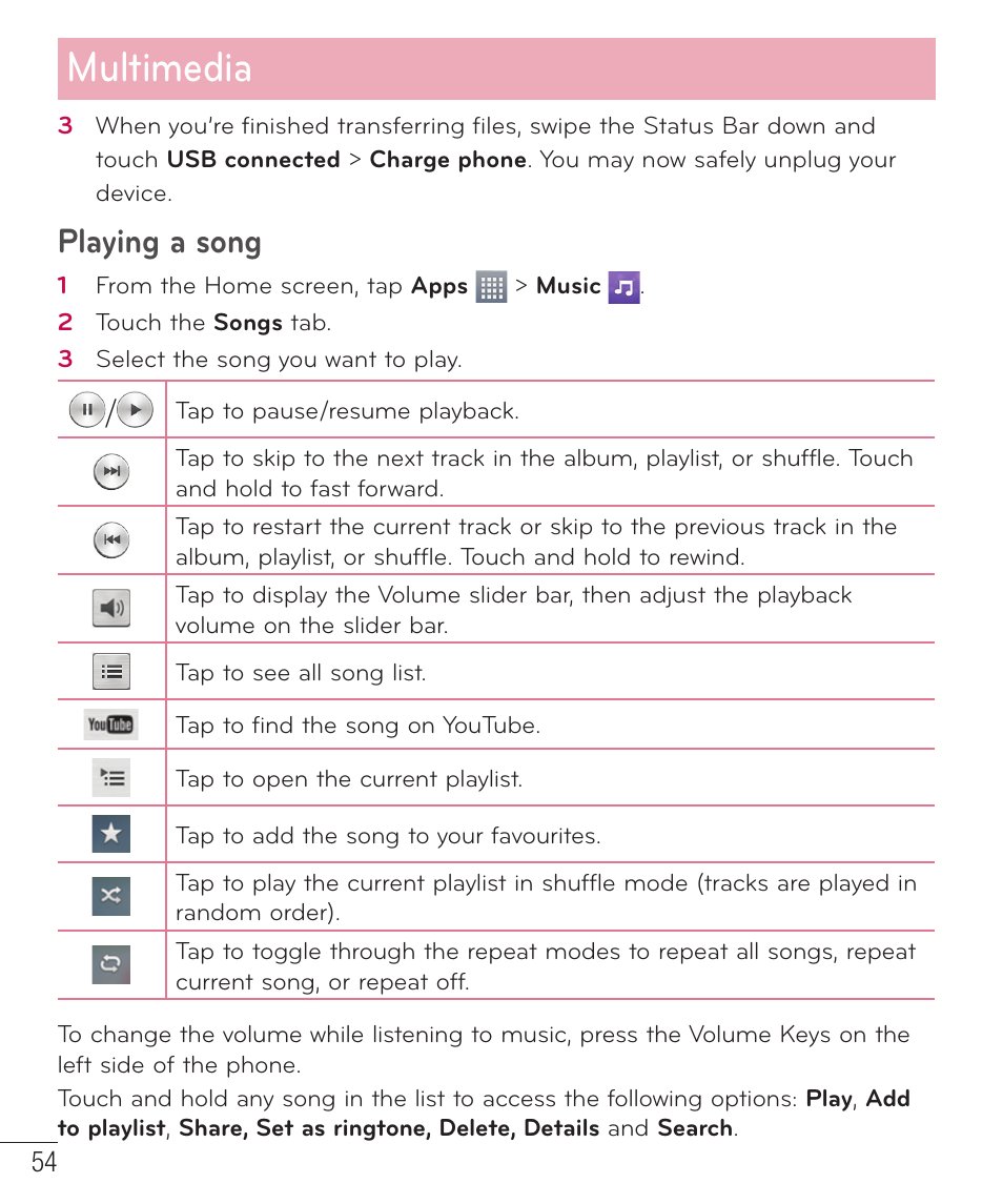 Multimedia, Playing a song | LG LGAS323 User Manual | Page 55 / 110