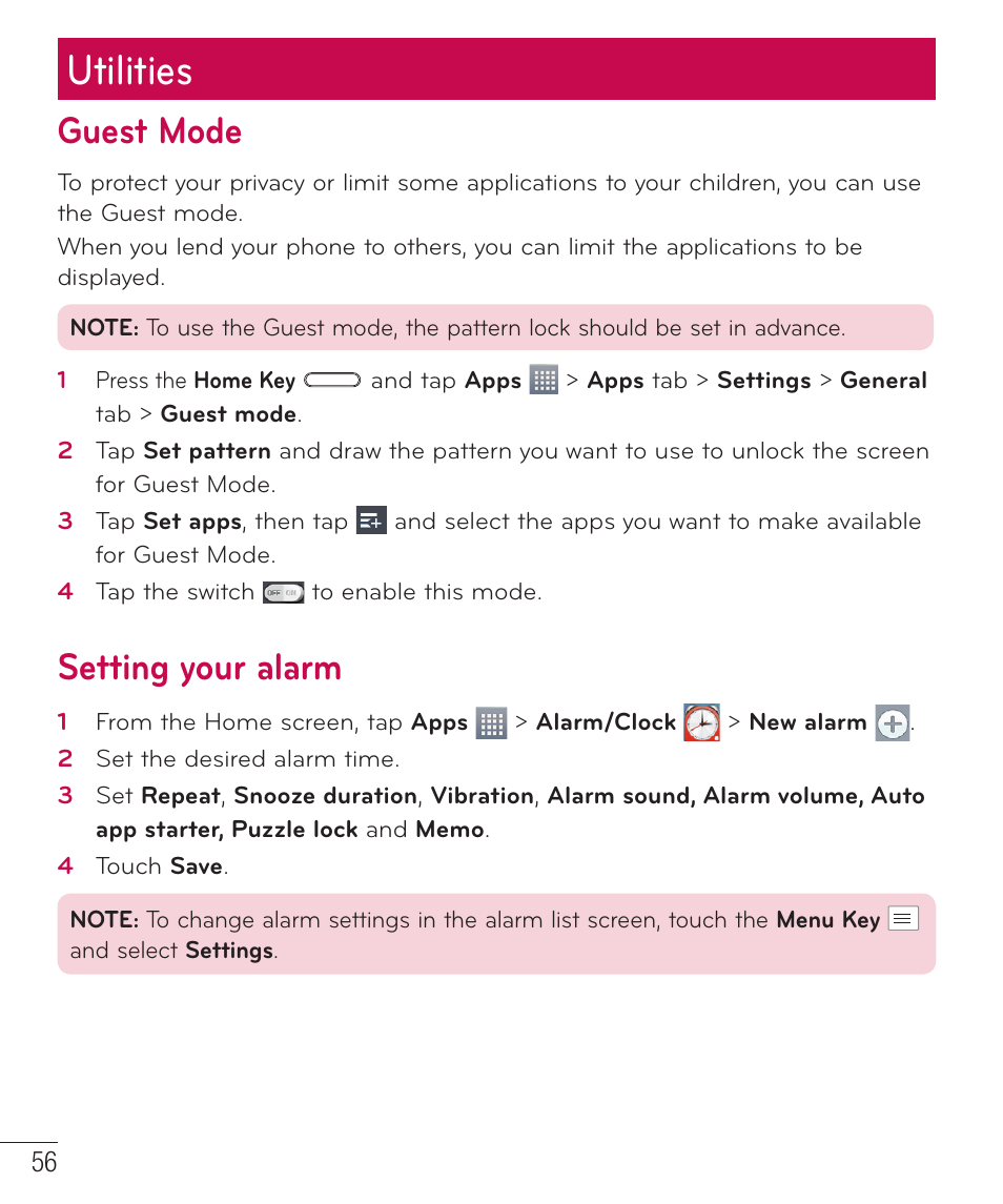 Utilities, Guest mode, Setting your alarm | LG LGAS323 User Manual | Page 57 / 110