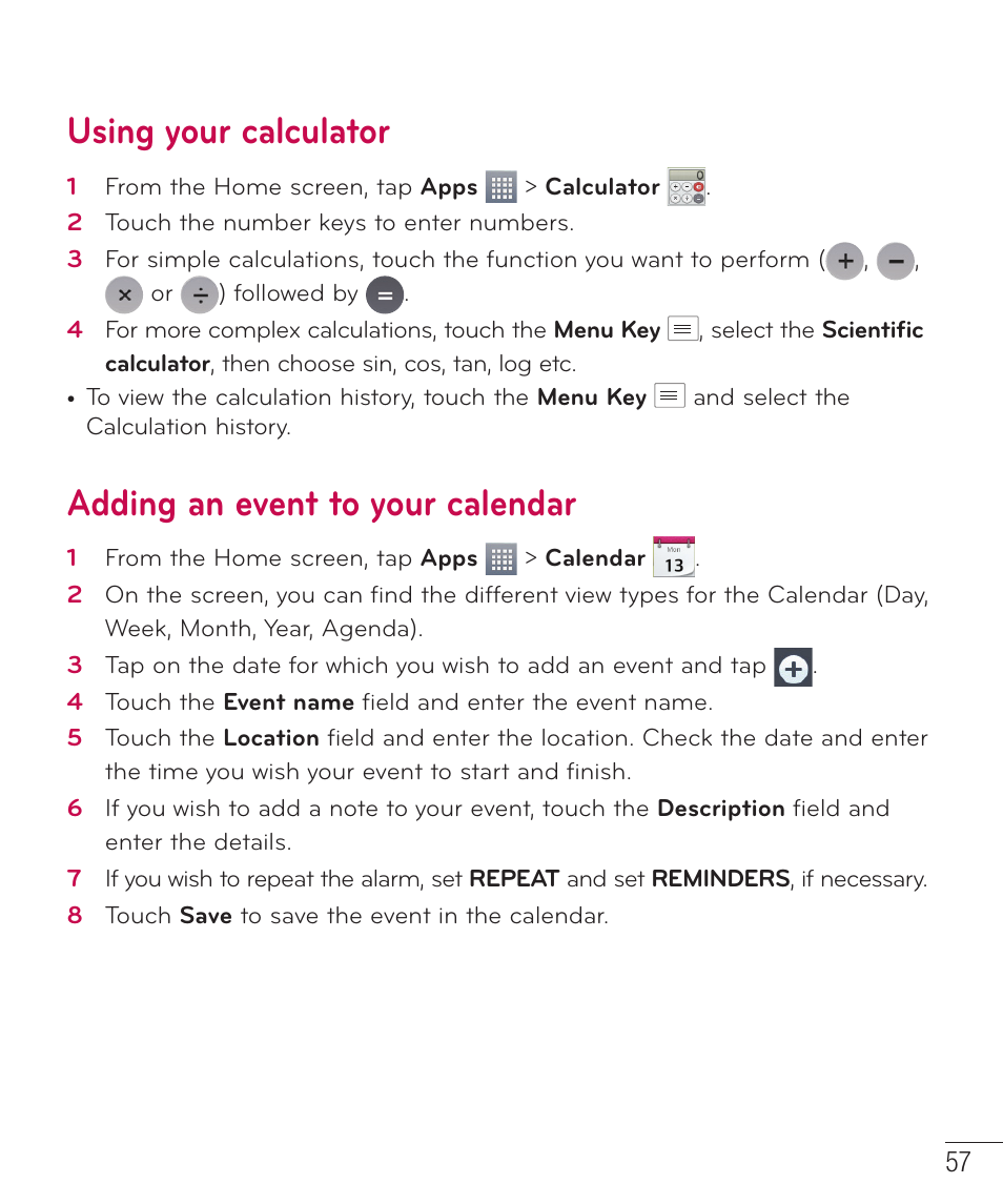 Using your calculator, Adding an event to your calendar | LG LGAS323 User Manual | Page 58 / 110