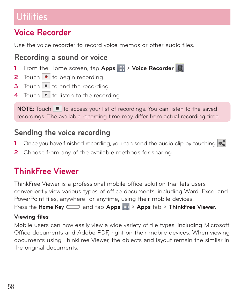 Utilities, Voice recorder, Thinkfree viewer | Recording a sound or voice, Sending the voice recording | LG LGAS323 User Manual | Page 59 / 110