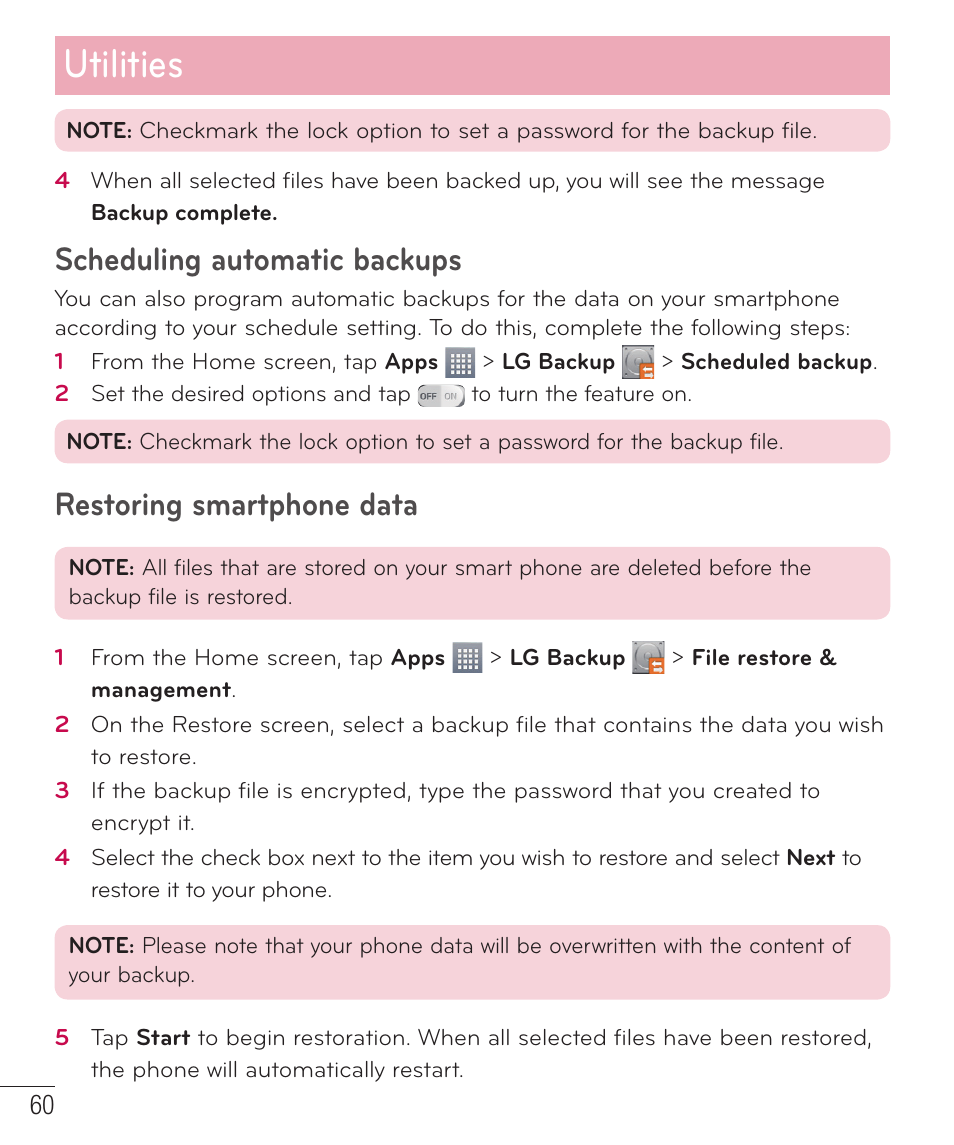 Utilities, Scheduling automatic backups, Restoring smartphone data | LG LGAS323 User Manual | Page 61 / 110