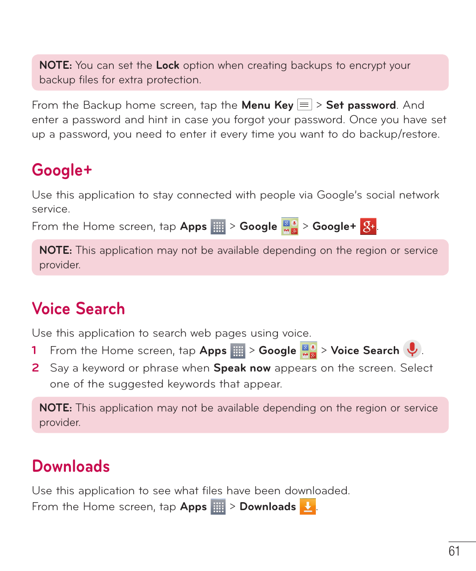 Google, Voice search, Downloads | LG LGAS323 User Manual | Page 62 / 110