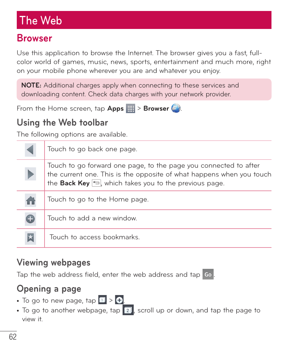 The web, Browser, Using the web toolbar | Viewing webpages, Opening a page | LG LGAS323 User Manual | Page 63 / 110