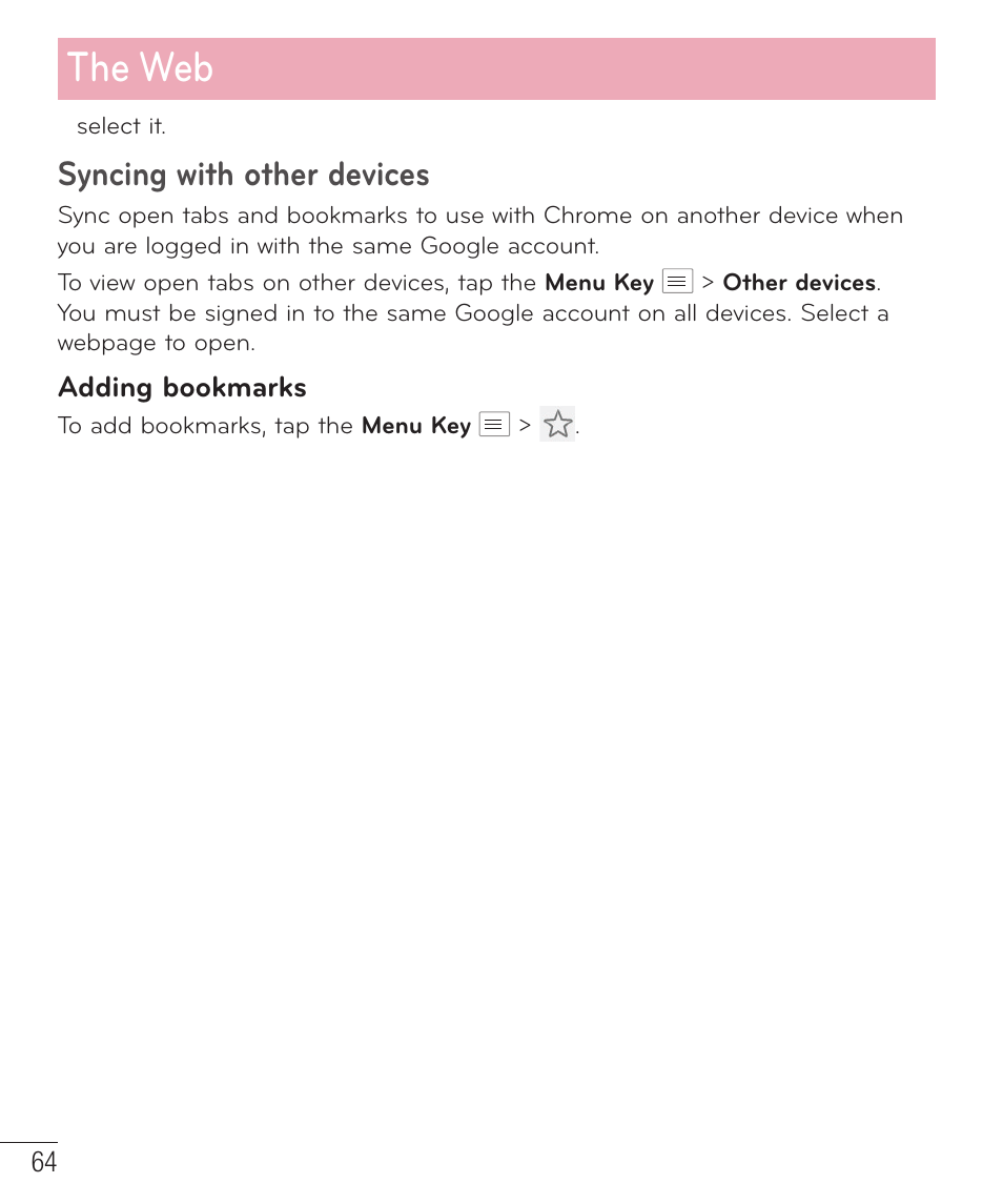 The web, Syncing with other devices | LG LGAS323 User Manual | Page 65 / 110