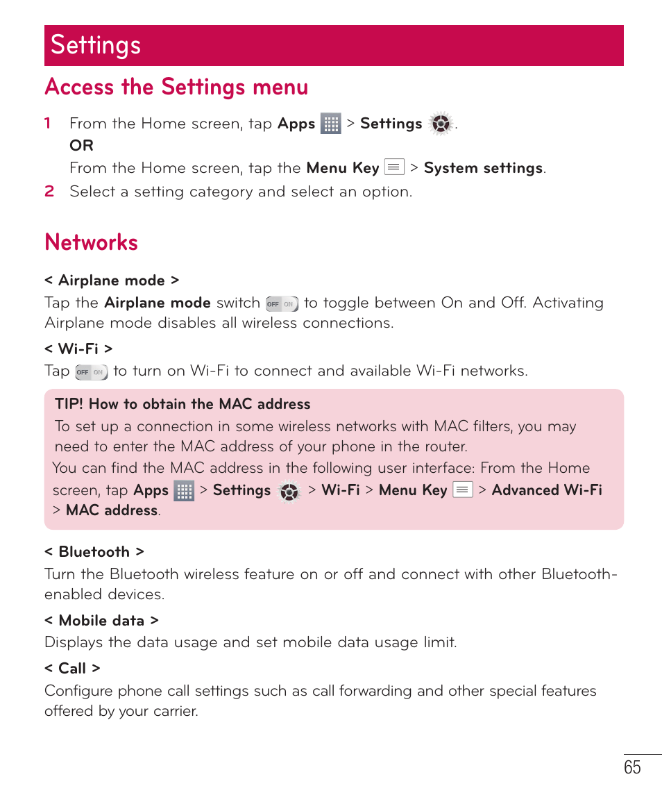 Settings, Access the settings menu, Networks | LG LGAS323 User Manual | Page 66 / 110