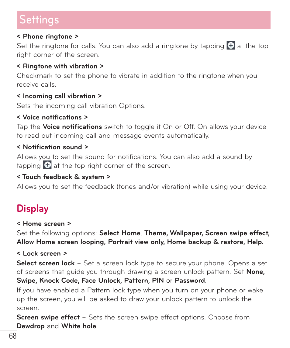 Settings, Display | LG LGAS323 User Manual | Page 69 / 110