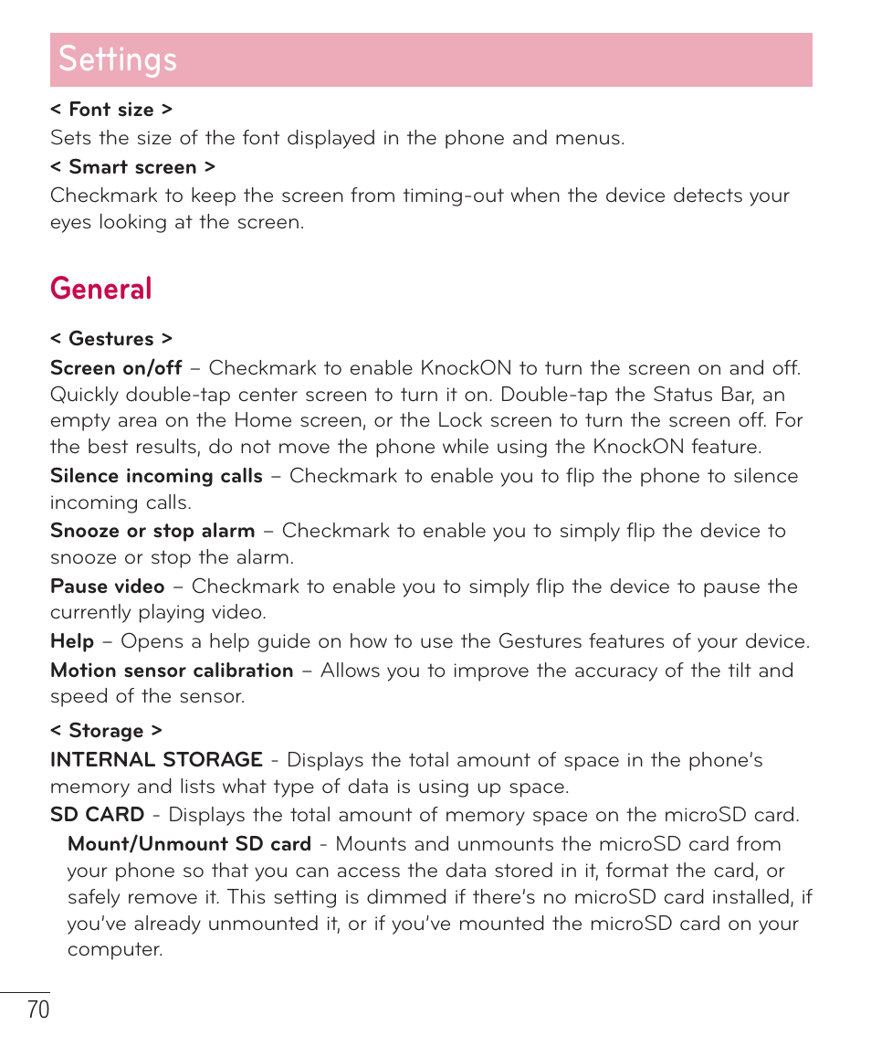 Settings, General | LG LGAS323 User Manual | Page 71 / 110