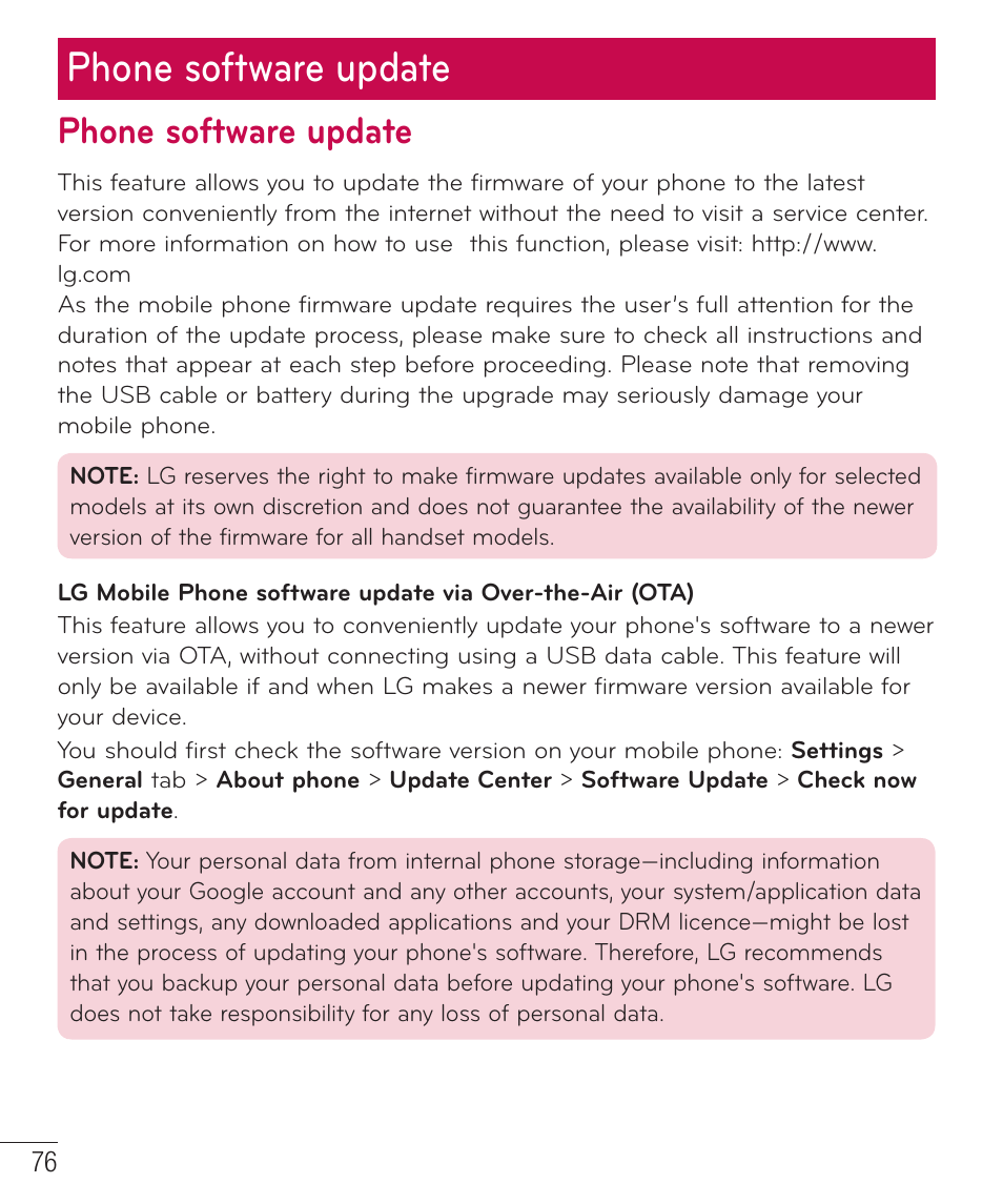 Phone software update | LG LGAS323 User Manual | Page 77 / 110