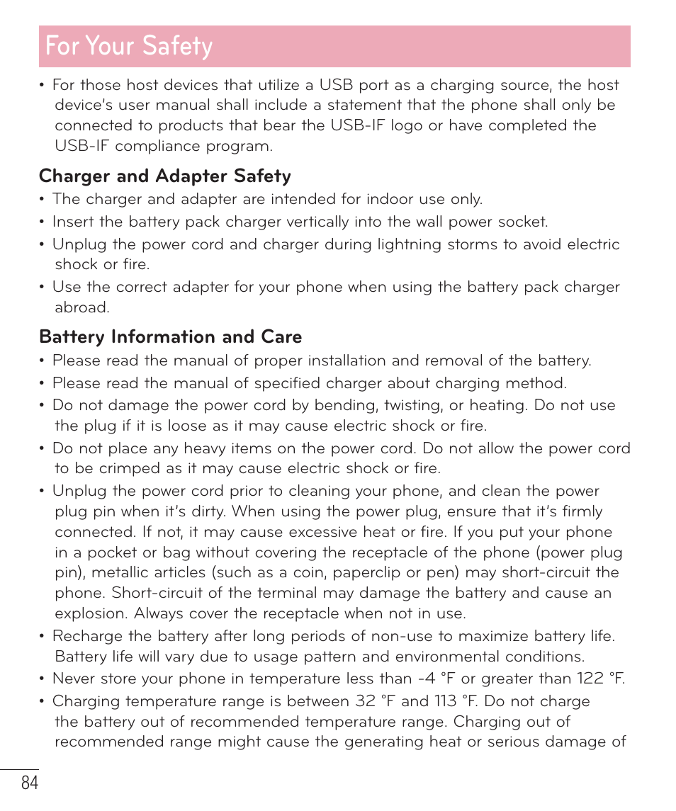 For your safety, Charger and adapter safety, Battery information and care | LG LGAS323 User Manual | Page 85 / 110