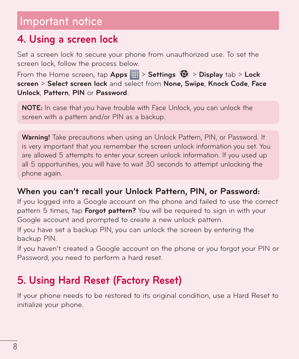 Important notice, Using a screen lock, Using hard reset (factory reset) | LG LGAS323 User Manual | Page 9 / 110