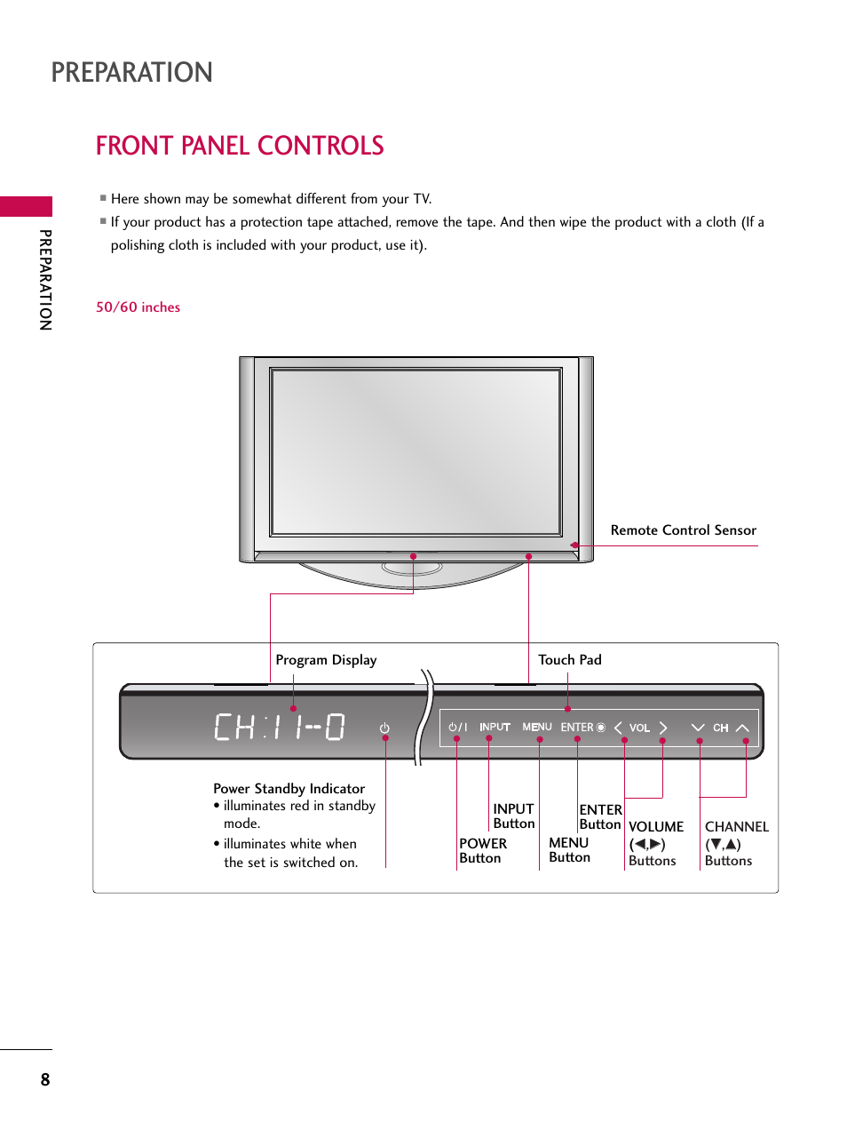 Front panel controls, 50/60 inches, Preparation | LG 60PY3D User Manual | Page 10 / 113