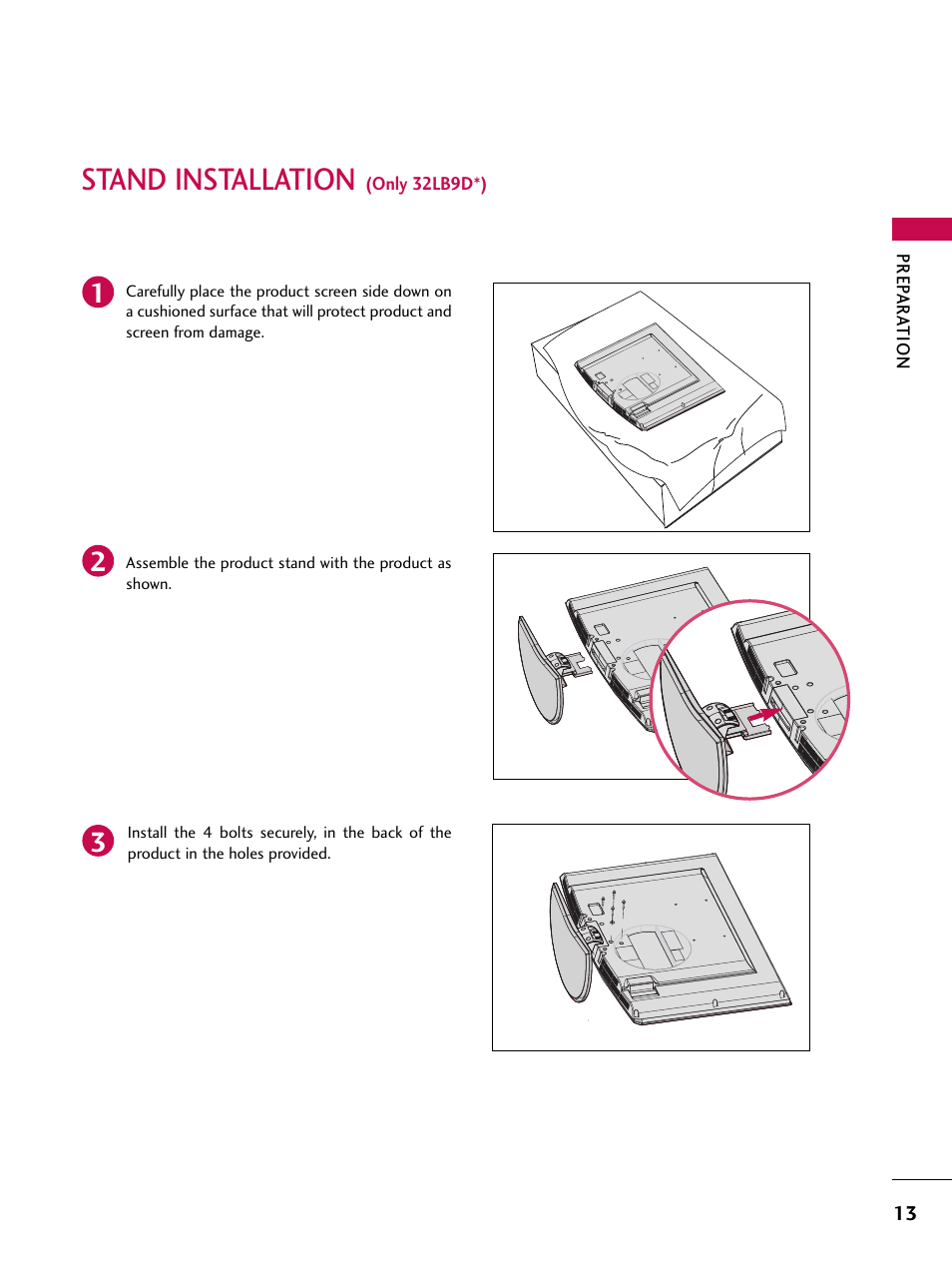 Stand installation (only 32lb9d*), Stand installation | LG 60PY3D User Manual | Page 15 / 113