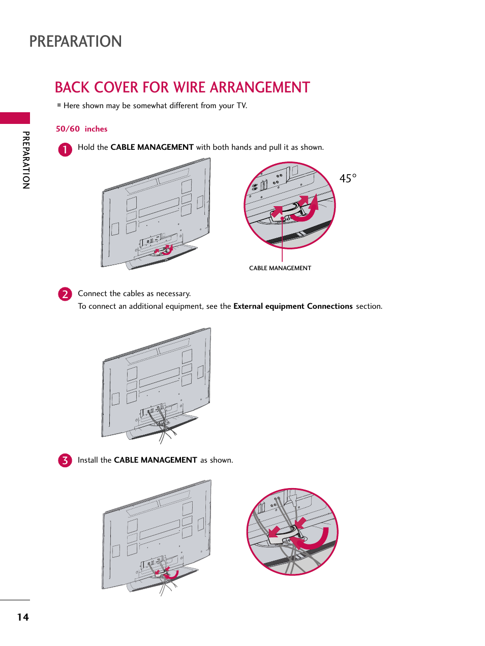 Back cover for wire arrangement, 50/60 inches, Preparation | LG 60PY3D User Manual | Page 16 / 113