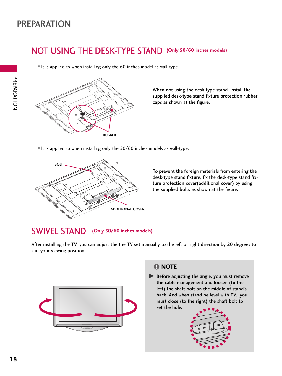 Not using the desk-type stand(only 60py3d model), Swivel stand (only 50/60 inches models), Preparation | Swivel stand, Not using the desk-type stand | LG 60PY3D User Manual | Page 20 / 113