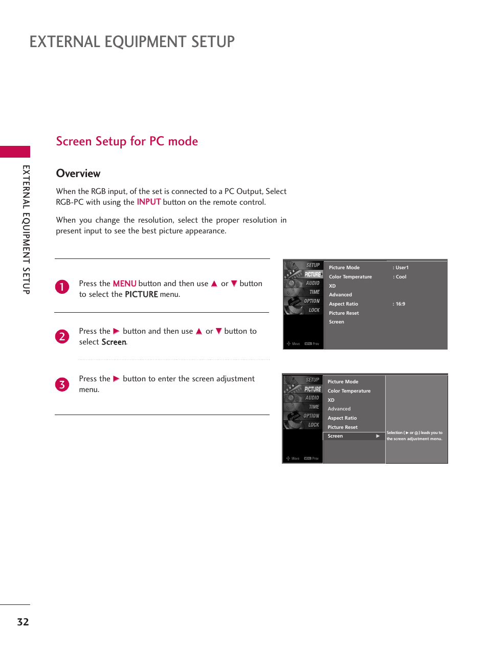 Screen setup for pc mode, External equipment setup, Overview | External eq uipment setup | LG 60PY3D User Manual | Page 34 / 113