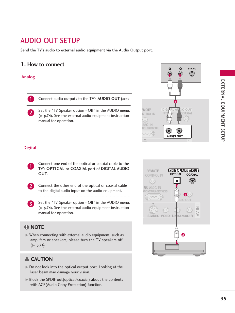 Audio out setup, How to connect, Caution | External eq uipment setup, Analog digital | LG 60PY3D User Manual | Page 37 / 113