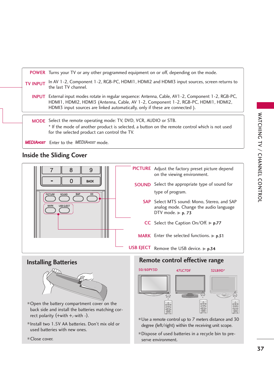 Installing batteries, Remote control effective range, Inside the sliding cover | Wa tching tv / channel contr ol | LG 60PY3D User Manual | Page 39 / 113