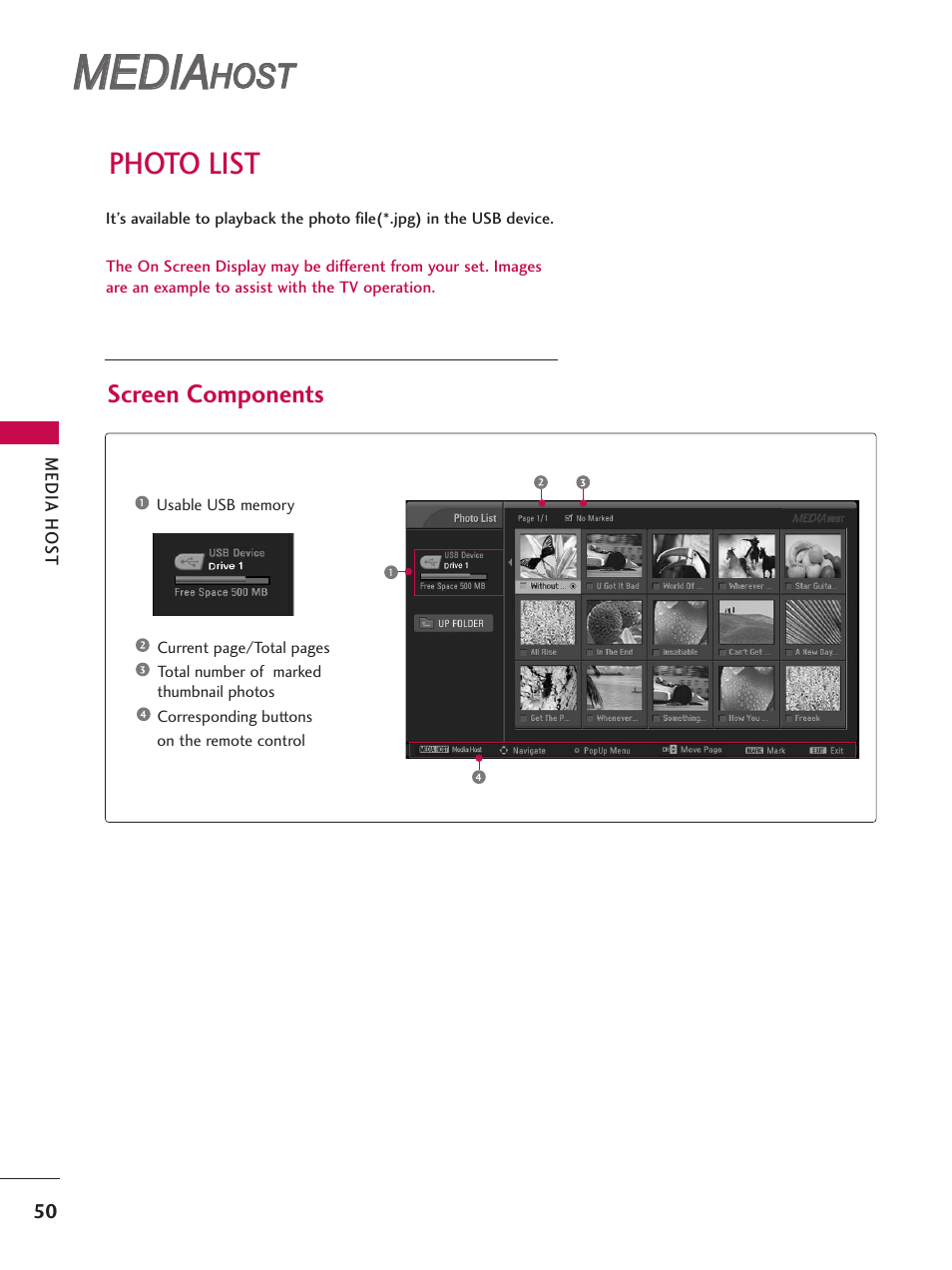 Photo list, Media, Host | LG 60PY3D User Manual | Page 52 / 113