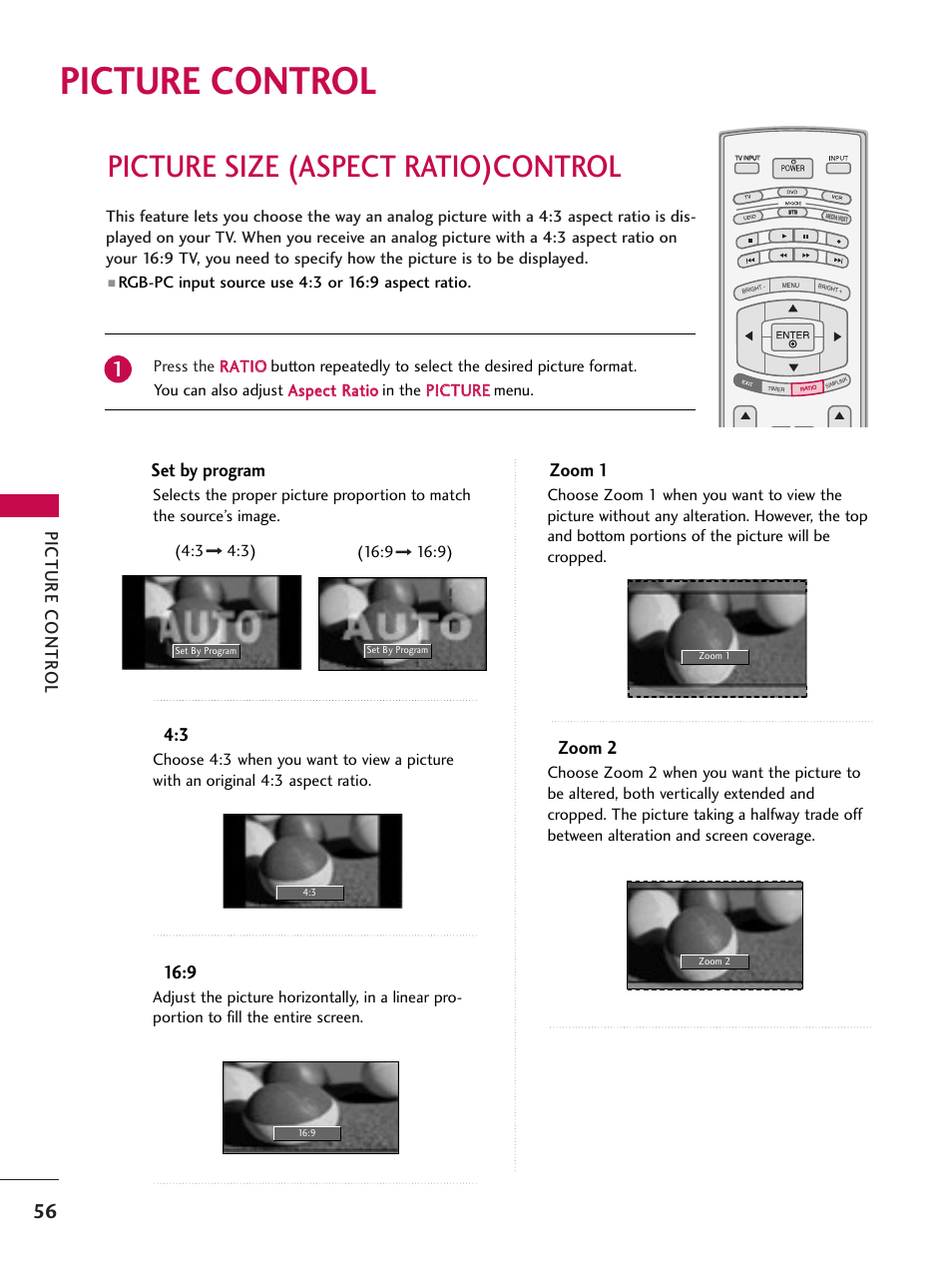 Picture control, Picture size (aspect ratio)control, Picture contr ol | Set by program, Zoom 1, Zoom 2 | LG 60PY3D User Manual | Page 58 / 113