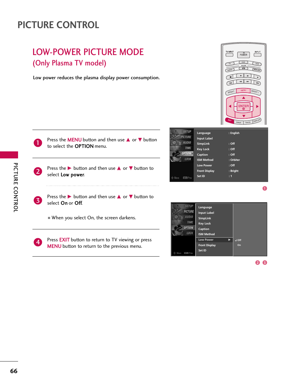 Low-power picture mode(only plasma tv model), Picture control, Low-power picture mode | Only plasma tv model), Picture contr ol, Button and then use, Button to select llo ow w p po ow weerr. press the | LG 60PY3D User Manual | Page 68 / 113