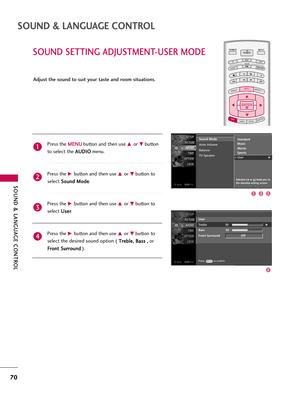 Sound setting adjustment-user mode, Sound & language control, Sound & langu a ge contr ol | Press the m me en nu u button and then use, Button and then use, Button to select u usseerr. press the | LG 60PY3D User Manual | Page 72 / 113