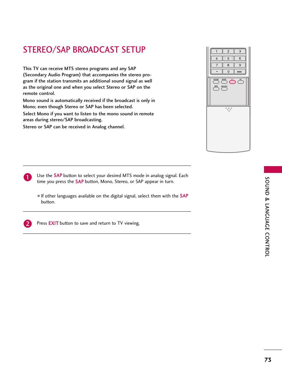 Stereo/sap broadcast setup, Sound & langu a ge contr ol | LG 60PY3D User Manual | Page 75 / 113