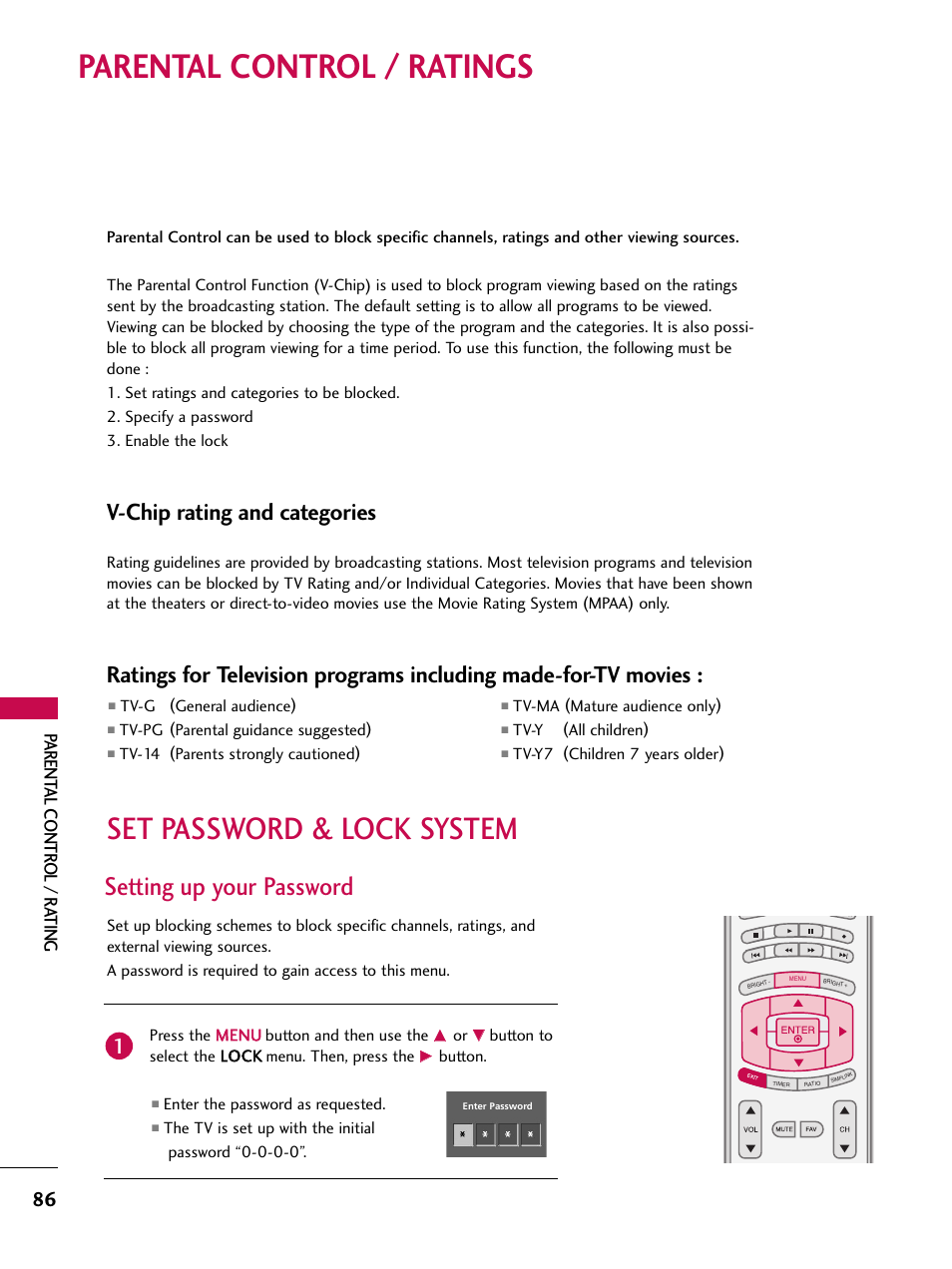 Parental control / ratings, Set password & lock system, Setting up your password | V-chip rating and categories, Parent al contr ol / r ating, Tv-g (general audience), Tv-pg (parental guidance suggested), Tv-14 (parents strongly cautioned), Tv-ma (mature audience only), Tv-y (all children) | LG 60PY3D User Manual | Page 88 / 113