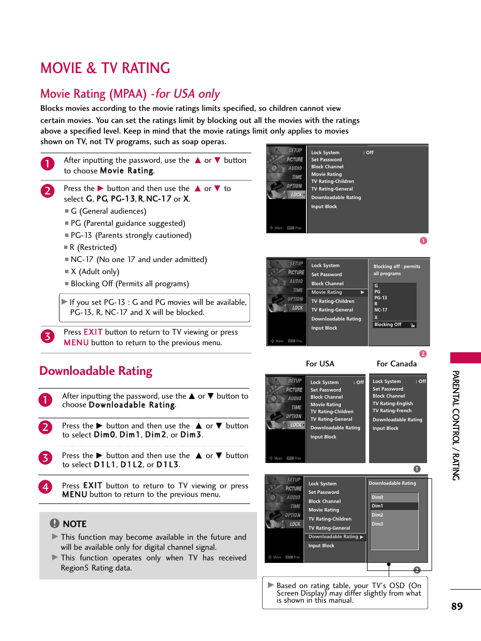 Movie & tv rating, Movie rating (mpaa) -for usa only, Movie rating (mpaa) - for usa only | Downloadable rating, Parent al contr ol / r ating | LG 60PY3D User Manual | Page 91 / 113