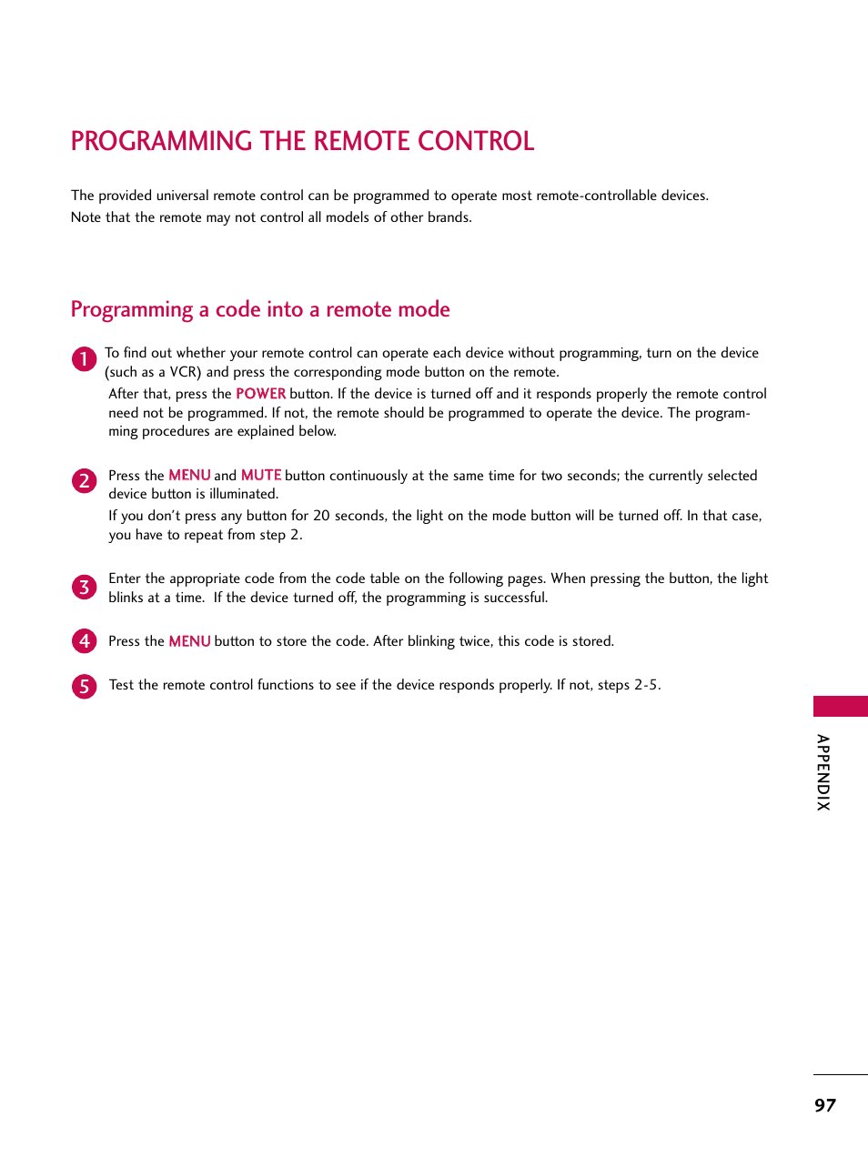 Programming the remote control, Programming a code into a remote mode | LG 60PY3D User Manual | Page 99 / 113