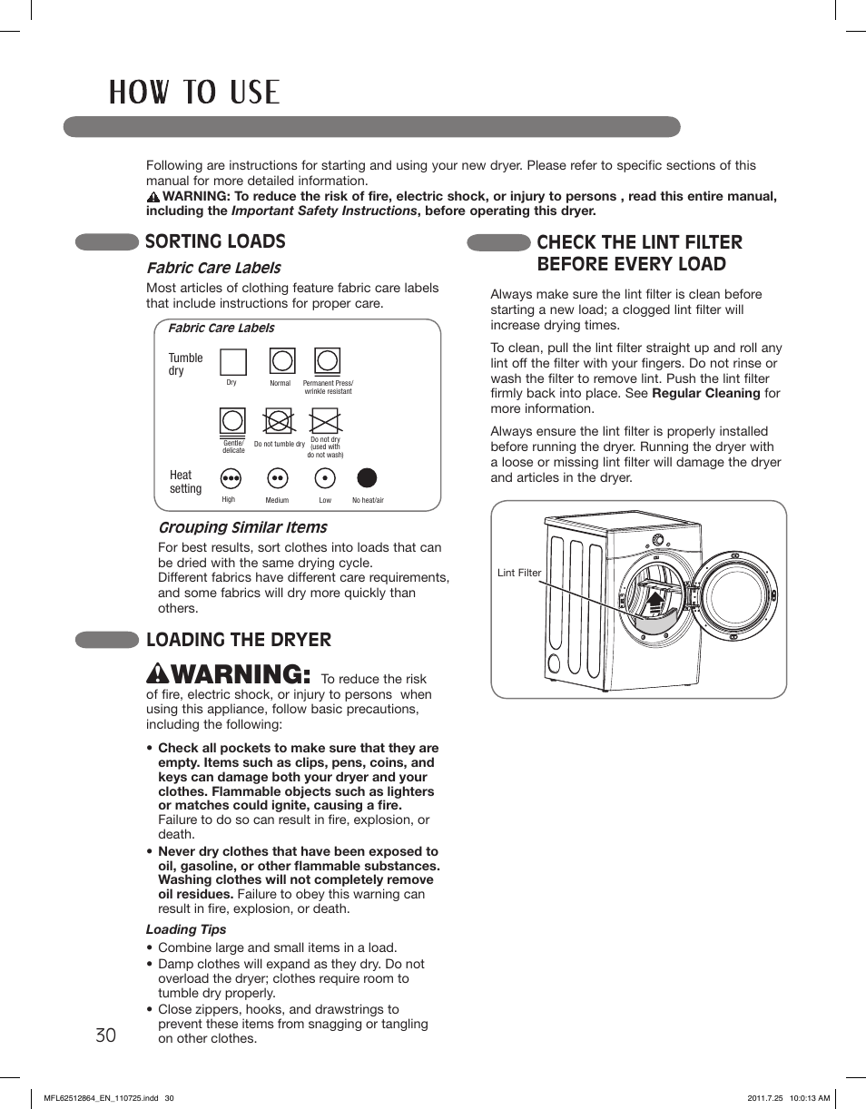 Wwarning, Sorting loads, Check the lint filter before every load | Loading the dryer | LG DLE2350R User Manual | Page 30 / 92