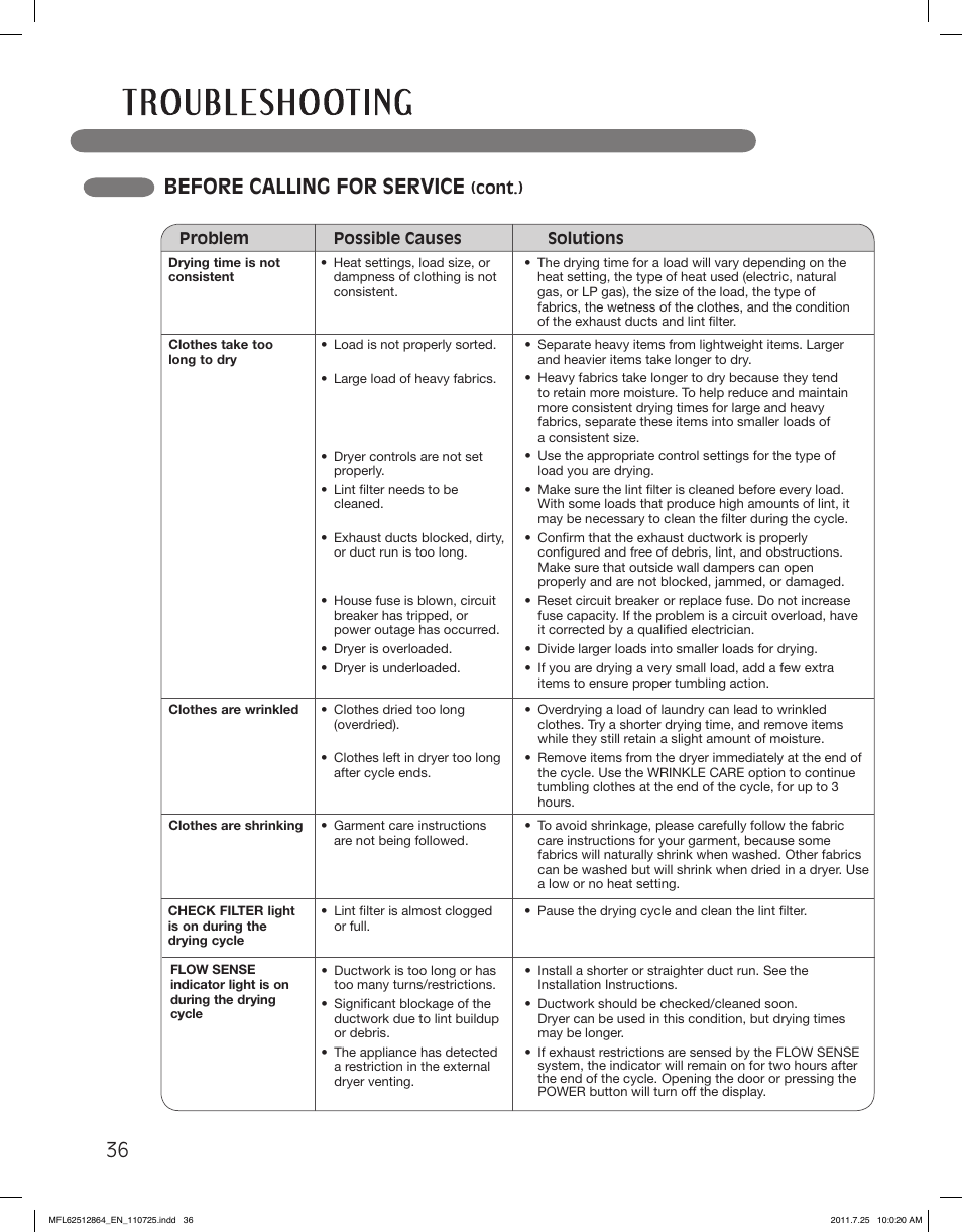 Before calling for service | LG DLE2350R User Manual | Page 36 / 92