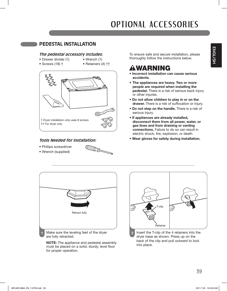 Wwarning, Pedestal installation | LG DLE2350R User Manual | Page 39 / 92