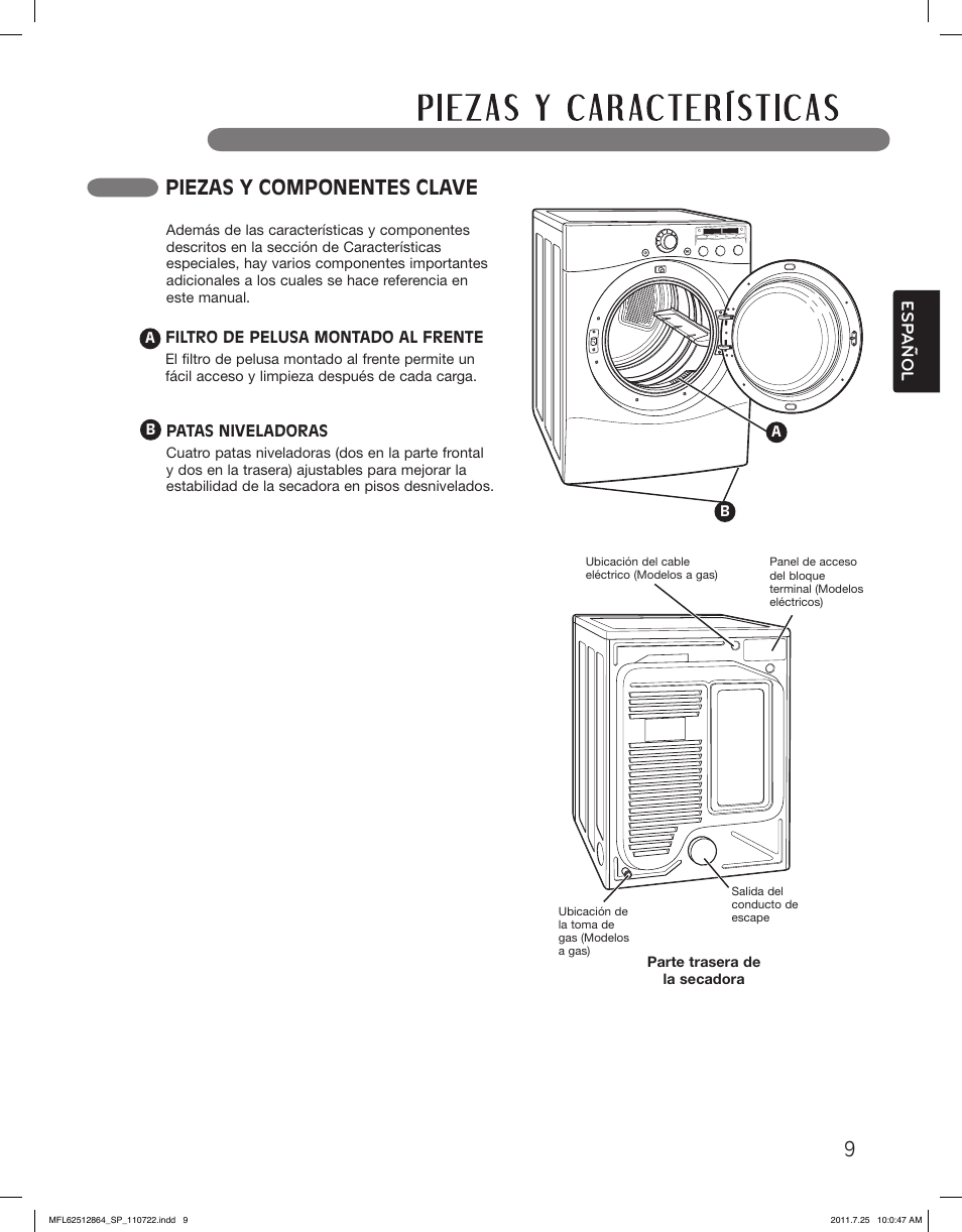 Piezas y componentes clave, Esp anol | LG DLE2350R User Manual | Page 55 / 92