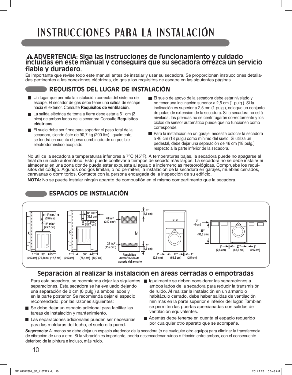 Espacios de instalación, Requisitos del lugar de instalación | LG DLE2350R User Manual | Page 56 / 92