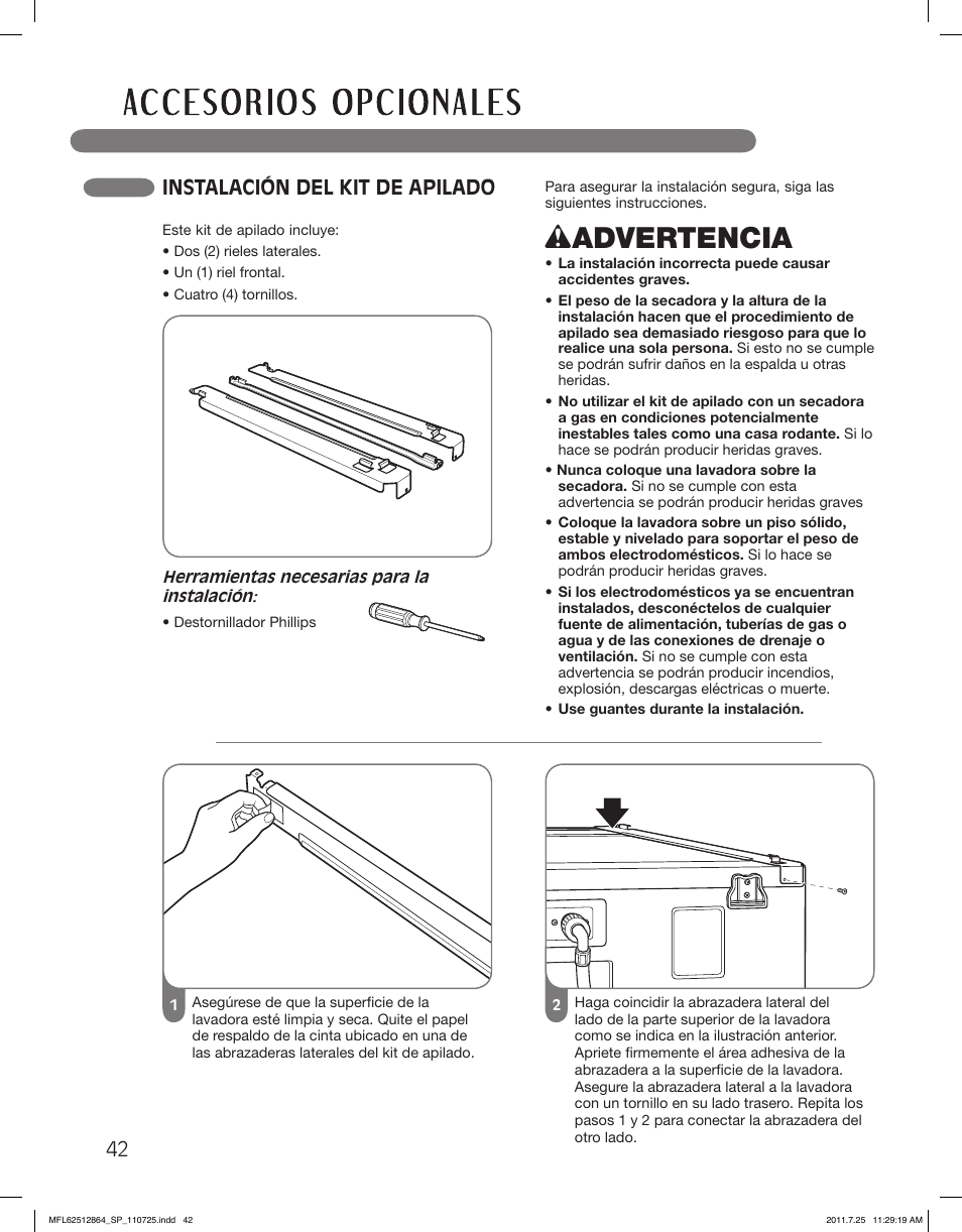 Wadvertencia, Instalación del kit de apilado | LG DLE2350R User Manual | Page 88 / 92