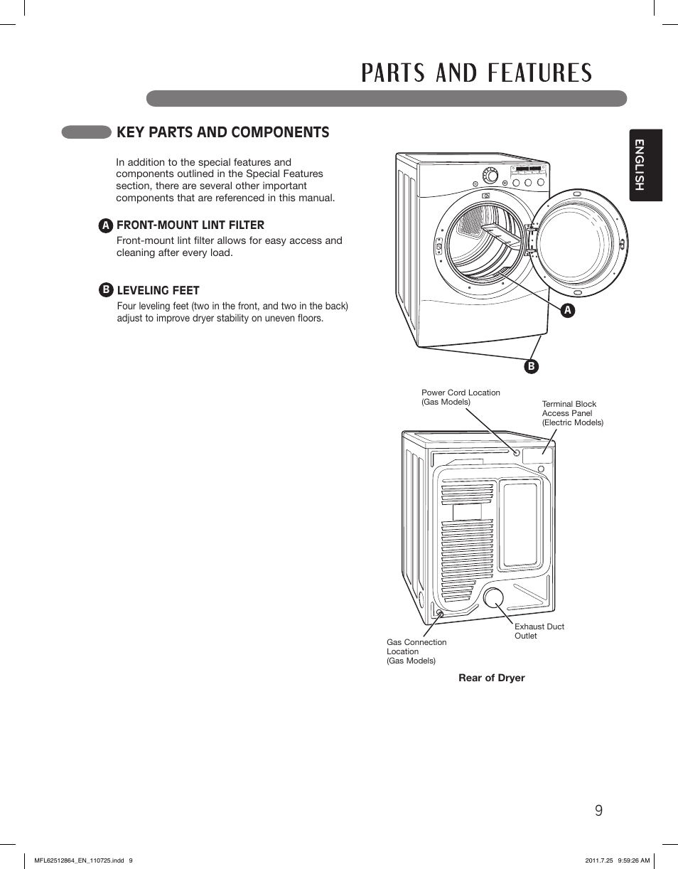 Key parts and components, English | LG DLE2350R User Manual | Page 9 / 92