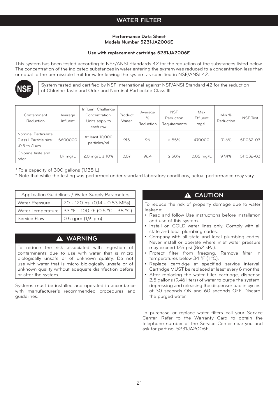 Warning, Caution, Water filter | LG LSC27937SB User Manual | Page 21 / 58