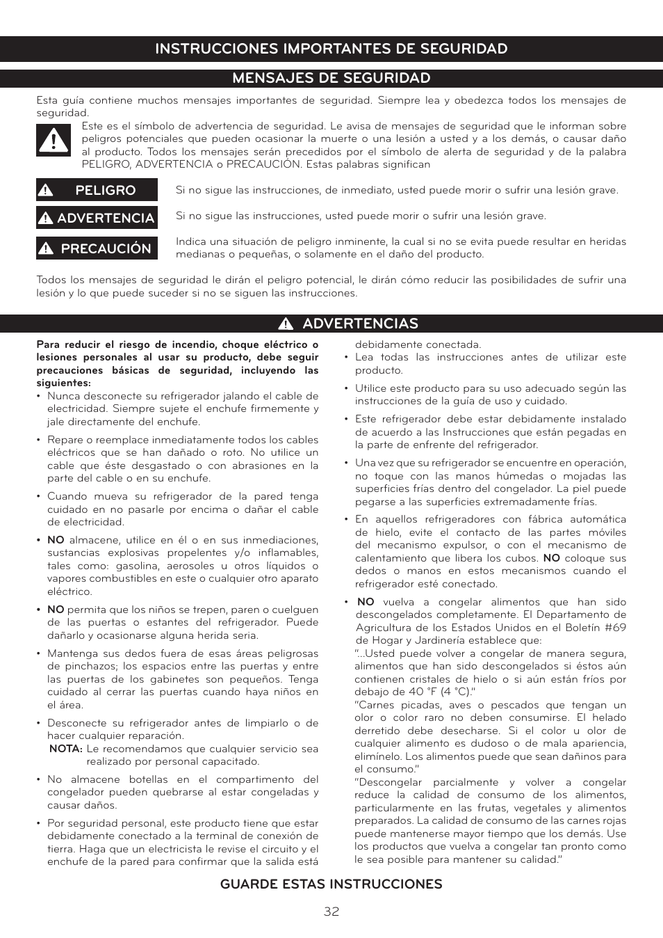 Guarde estas instrucciones, Peligro, Advertencia | Precaución | LG LSC27937SB User Manual | Page 32 / 58