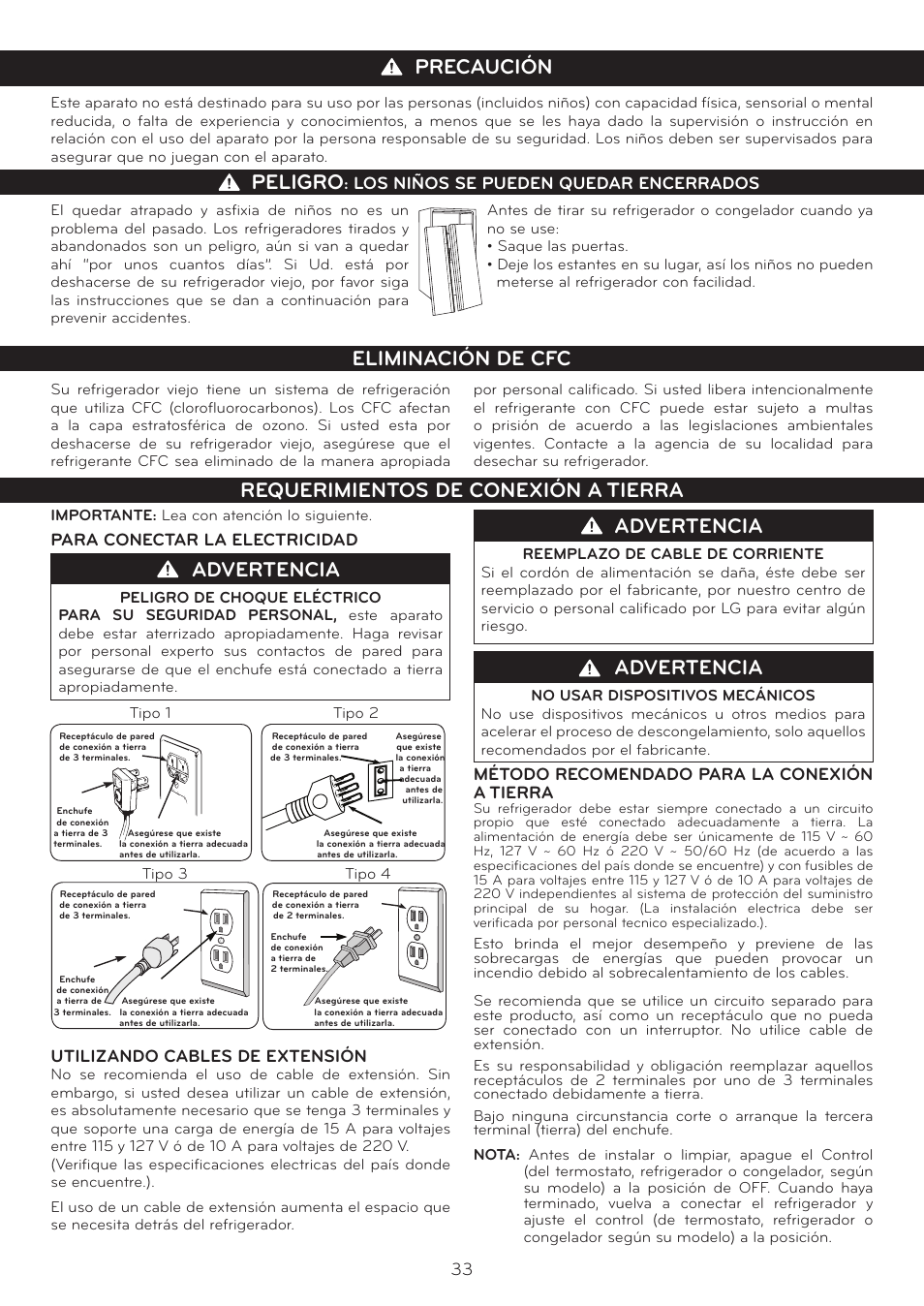 Instrucciones importantes de seguridad, Advertencia, Peligro | LG LSC27937SB User Manual | Page 33 / 58