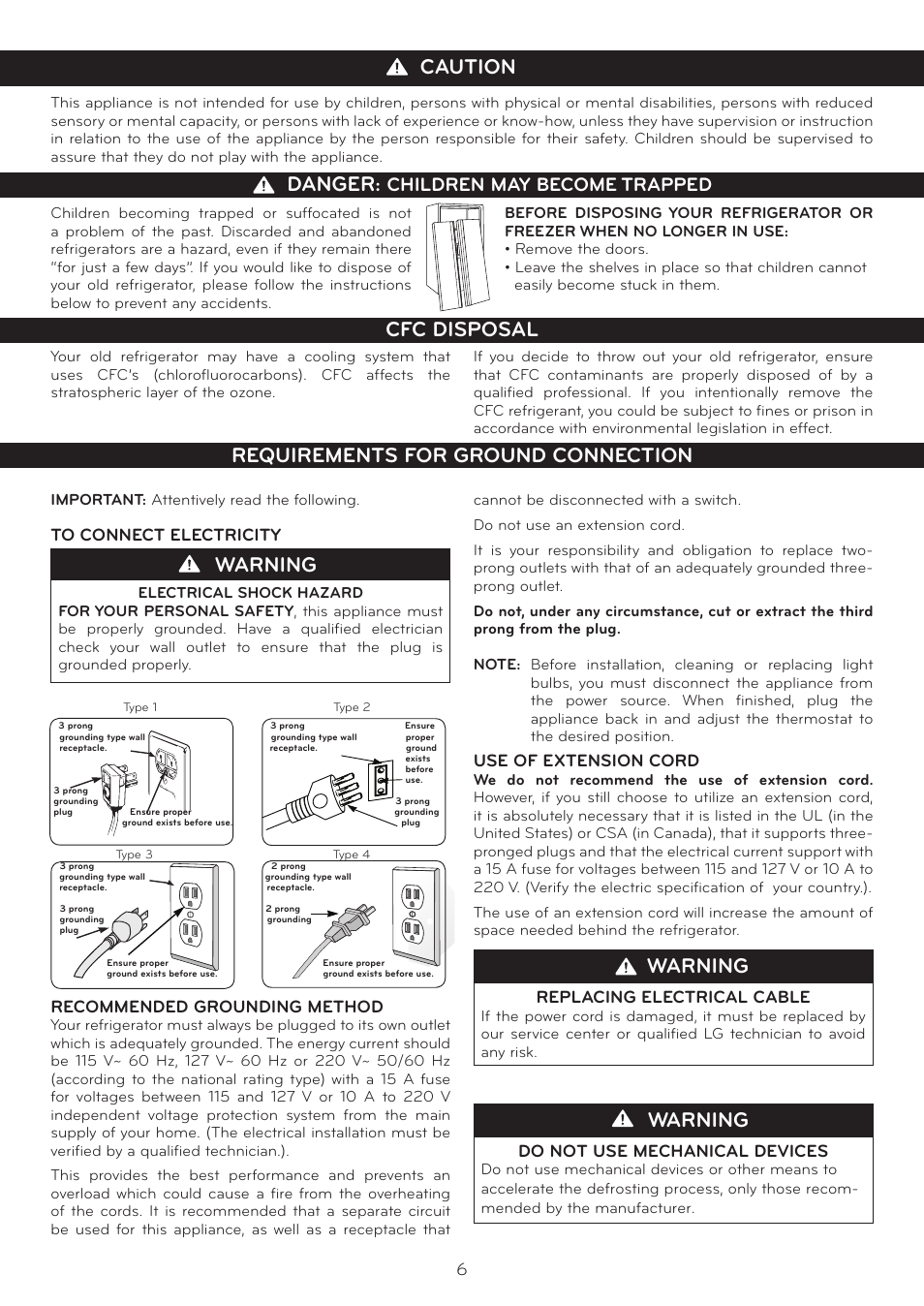 Warning, Caution danger, Children may become trapped | LG LSC27937SB User Manual | Page 6 / 58