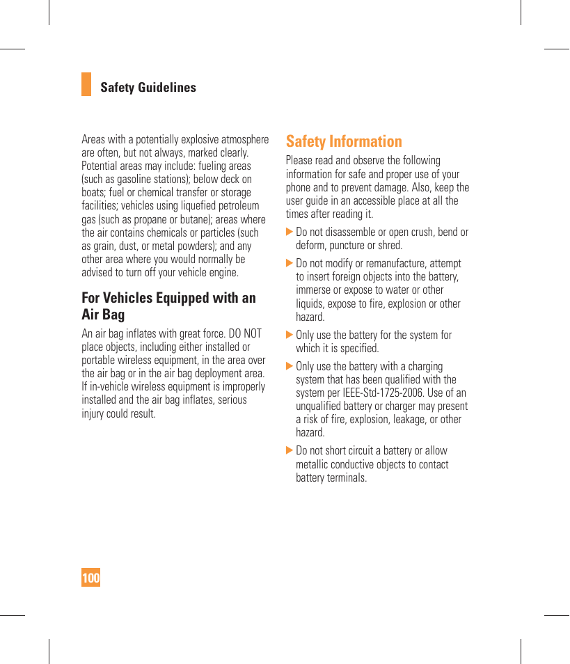 Safety information, For vehicles equipped with an air bag | LG GW370 User Manual | Page 104 / 250