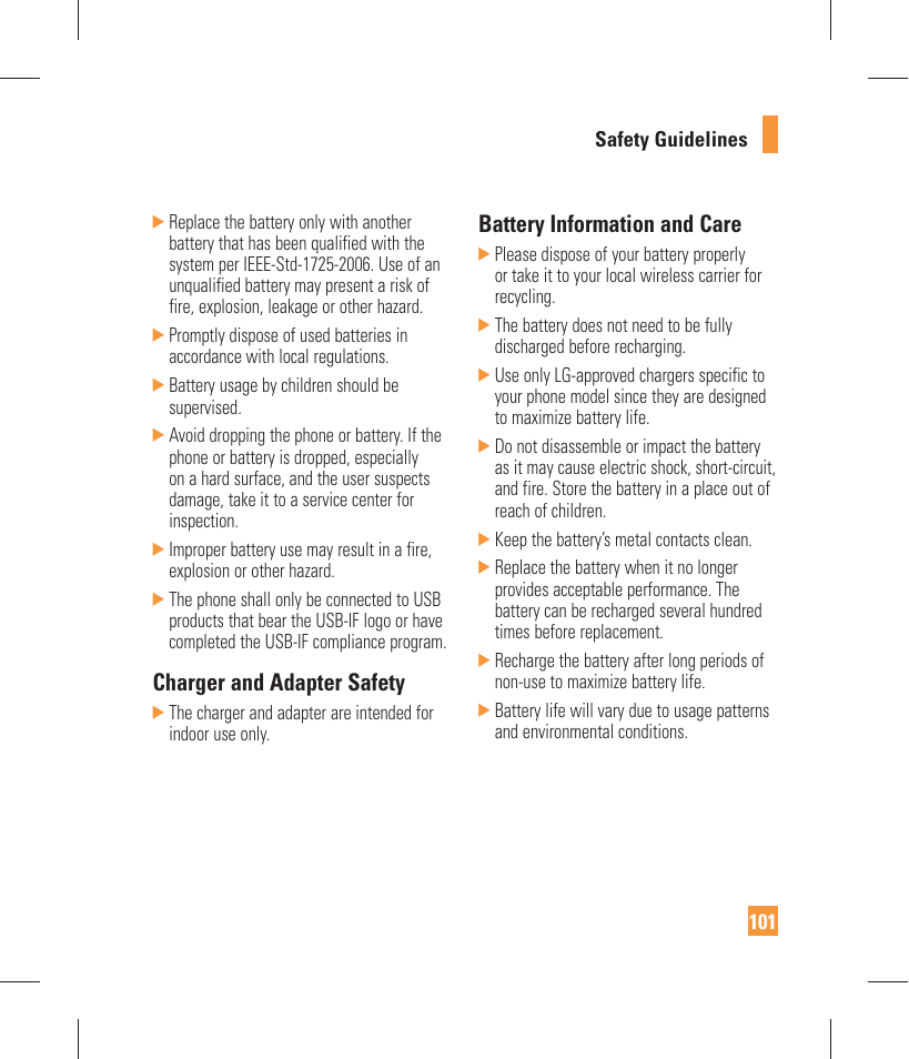 Charger and adapter safety, Battery information and care | LG GW370 User Manual | Page 105 / 250