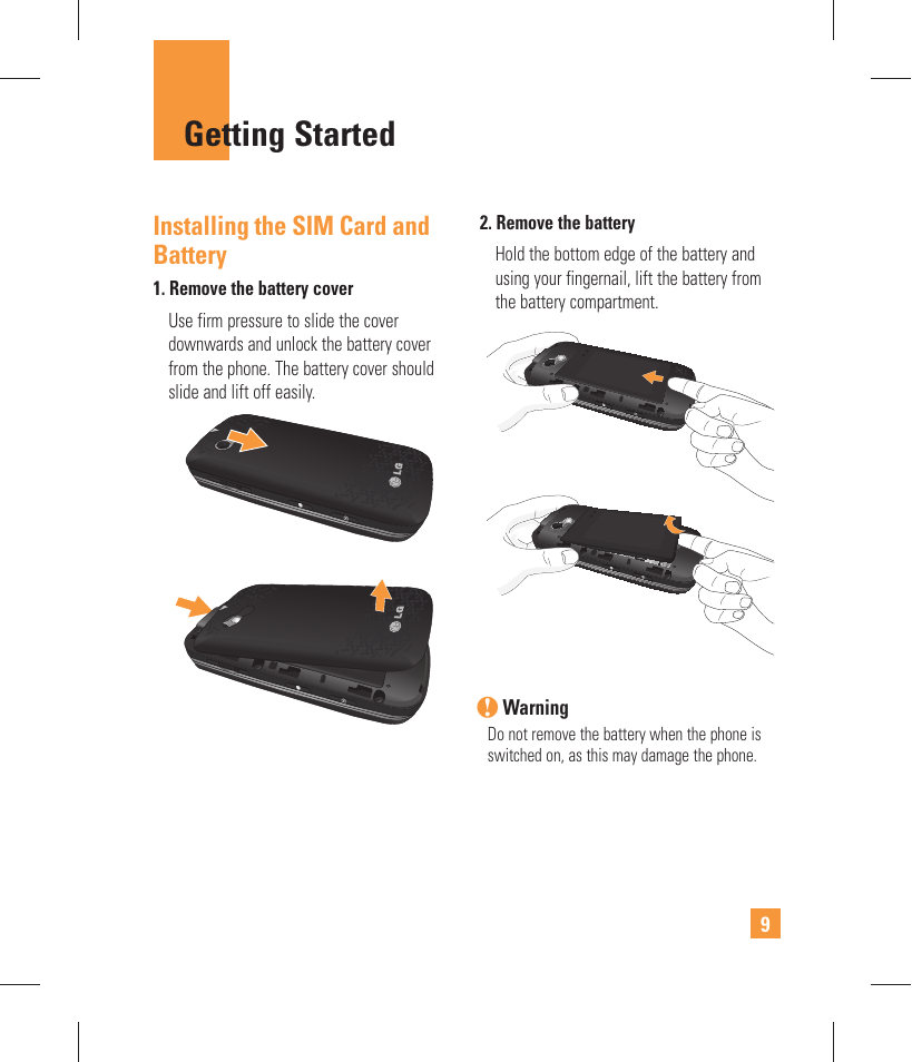 Getting started, Installing the sim card and battery | LG GW370 User Manual | Page 13 / 250