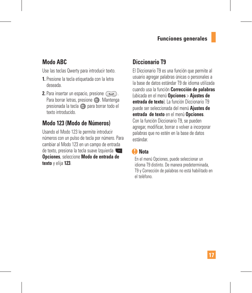 Modo abc, Modo 123 (modo de números), Diccionario t9 | LG GW370 User Manual | Page 145 / 250