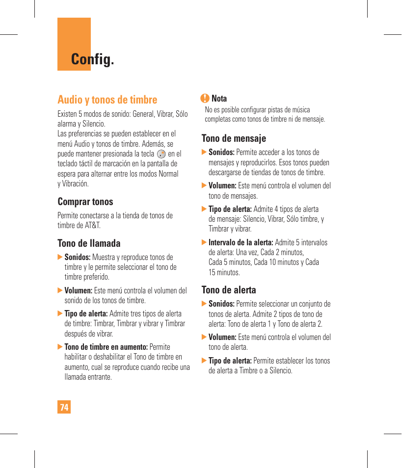 Config, Audio y tonos de timbre, Comprar tonos | Tono de llamada, Tono de mensaje, Tono de alerta | LG GW370 User Manual | Page 202 / 250