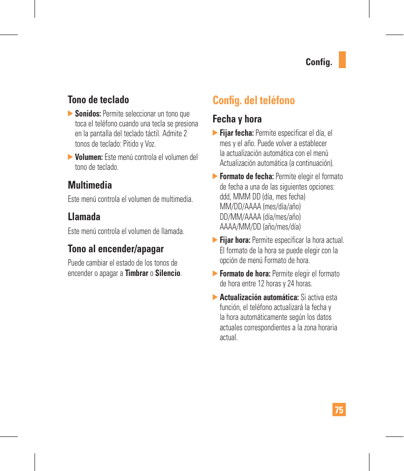 Confi g. del teléfono, Tono de teclado, Multimedia | Llamada, Tono al encender/apagar, Fecha y hora | LG GW370 User Manual | Page 203 / 250