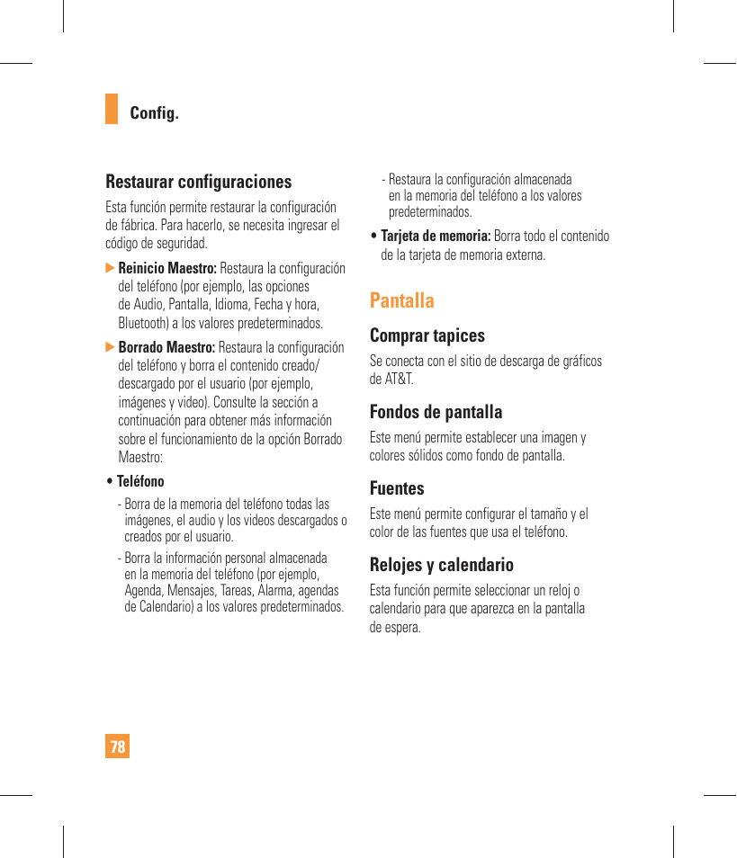 Pantalla, Restaurar configuraciones, Comprar tapices | Fondos de pantalla, Fuentes, Relojes y calendario | LG GW370 User Manual | Page 206 / 250