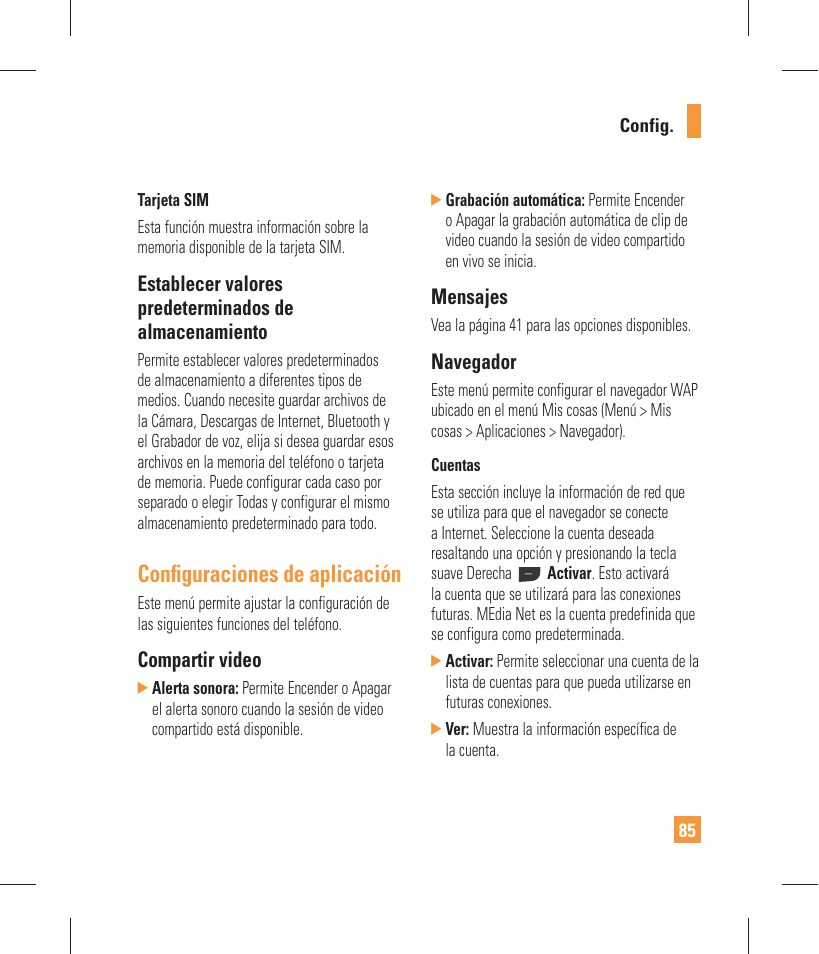 Confi guraciones de aplicación, Compartir video, Mensajes | Navegador | LG GW370 User Manual | Page 213 / 250